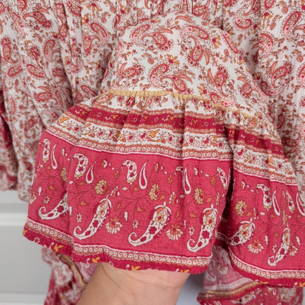 Romantic Red Paisley Peasant Blouse Top Boho Tassel Keyhole Puff Sleeve Sz Small - Picture 3 of 9